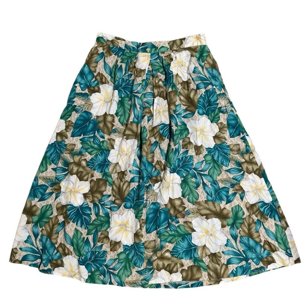 Vintage Cristin Stevens Rayon Tropical Floral Midi Skirt USA Pockets Hawaiian L
